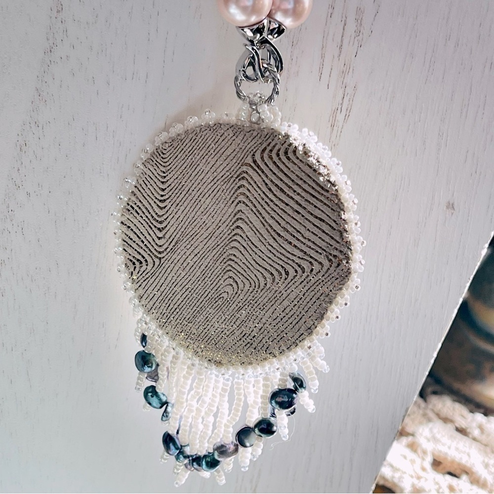 DANLENA Long Beaded Pearl Silver Necklace Earring Set Leather Handmade N… - Picture 5 of 7